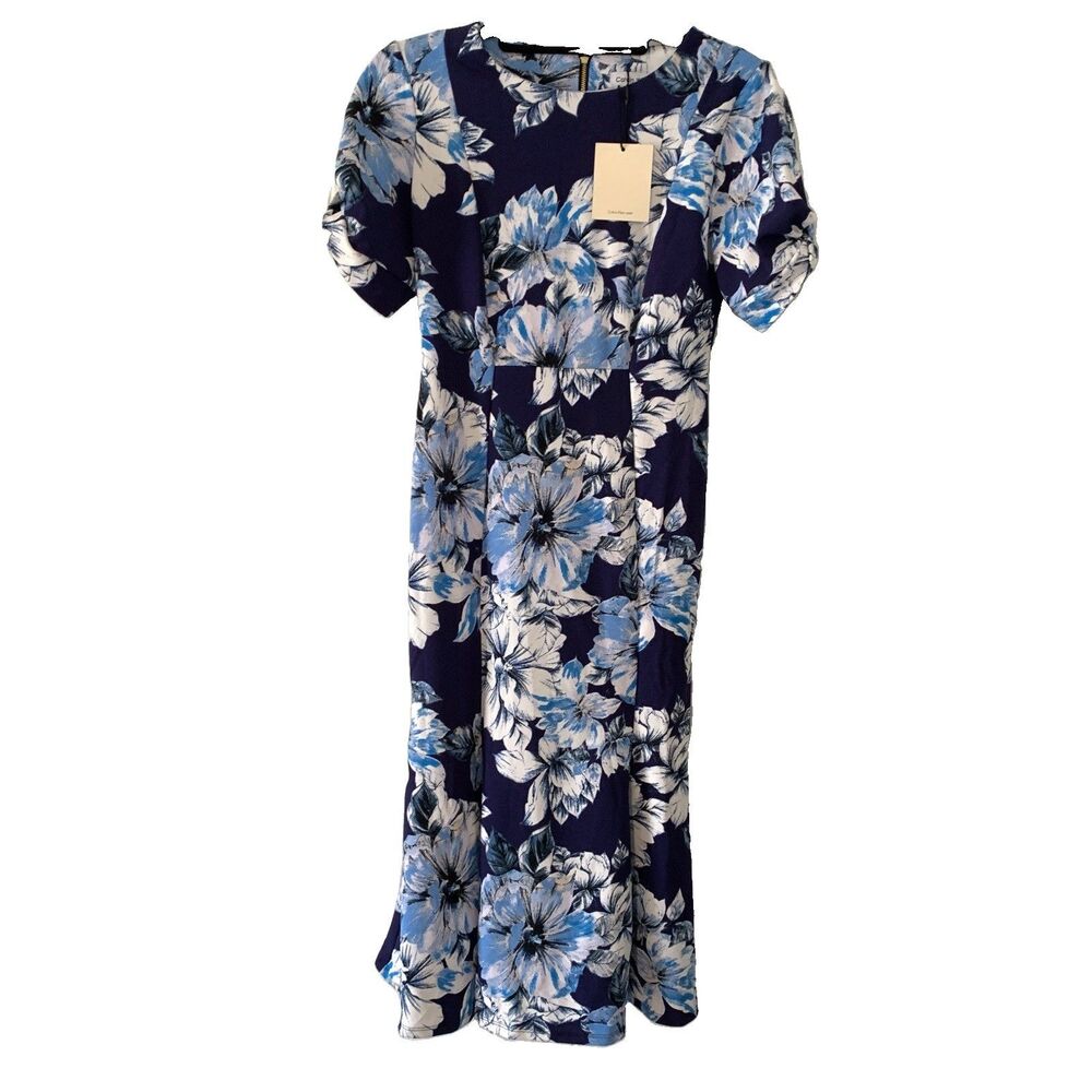 Calvin Klein Womens 4 Dress Midi Ponte Blue Floral Office Formal Gold Zip NWT